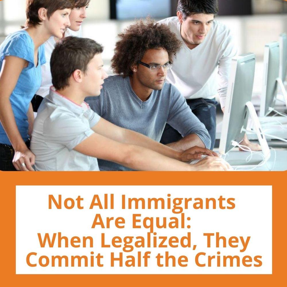 Image: students of various nationalities look at a computer screen. Link to related stories. Story headline: Not All Immigrants Are Equal: When Legalized, They Commit Half the Crimes