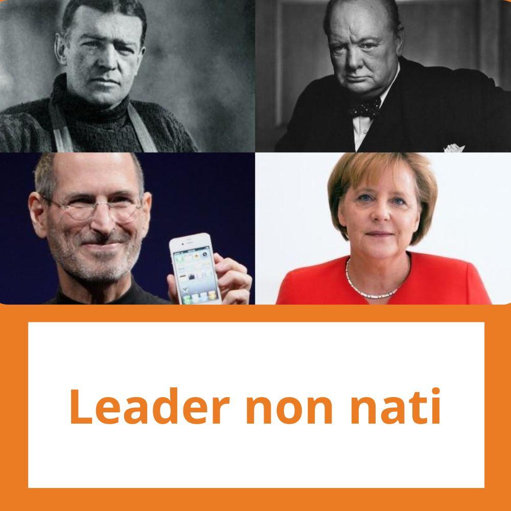 Immagine con link ad articoli su temi simili. Le foto Shackleton, Churchill, Merkel e Jobs di rimandano all'articolo intitolato: Leader non nati