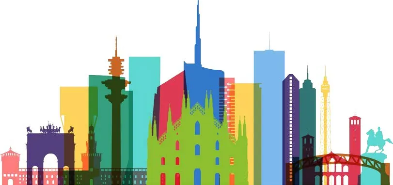 international student desk symbol with city skylines